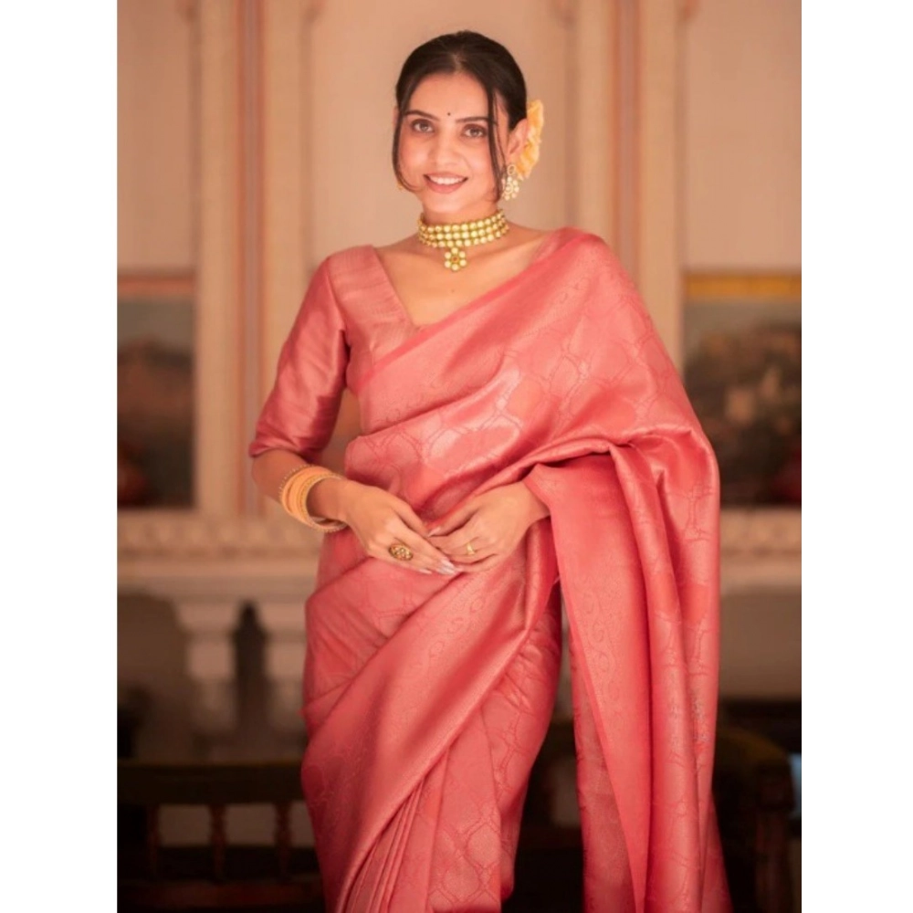 Women's Silk Printed Saree With Unstitched Blouse 5.5Mtr (Pink) - Image 3