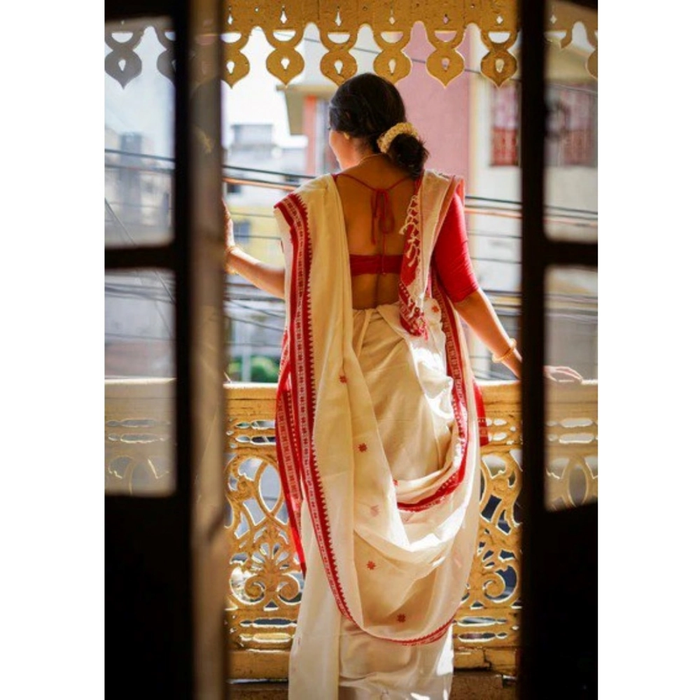 Women's Cotton Printed Saree With Unstitched Blouse 5.5Mtr (White) - Image 3