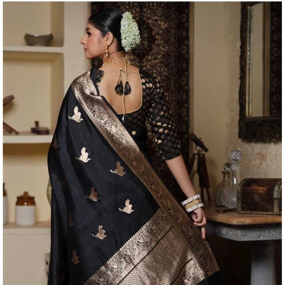 Women's Silk Printed Saree With Unstitched Blouse 5.5Mtr (Black) - Image 2