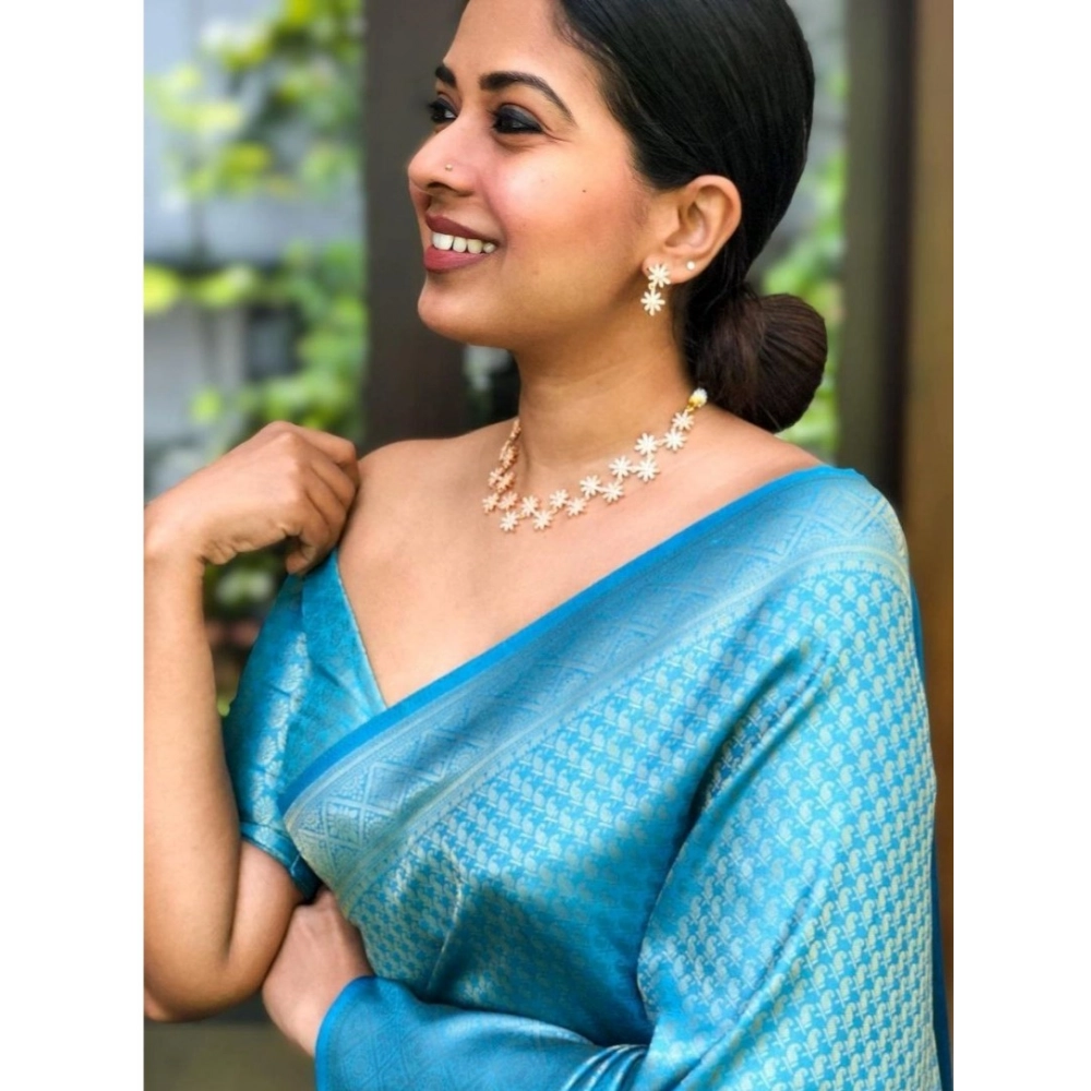 Women's Silk Printed Saree With Unstitched Blouse 5.5Mtr (Sky Blue) - Image 3