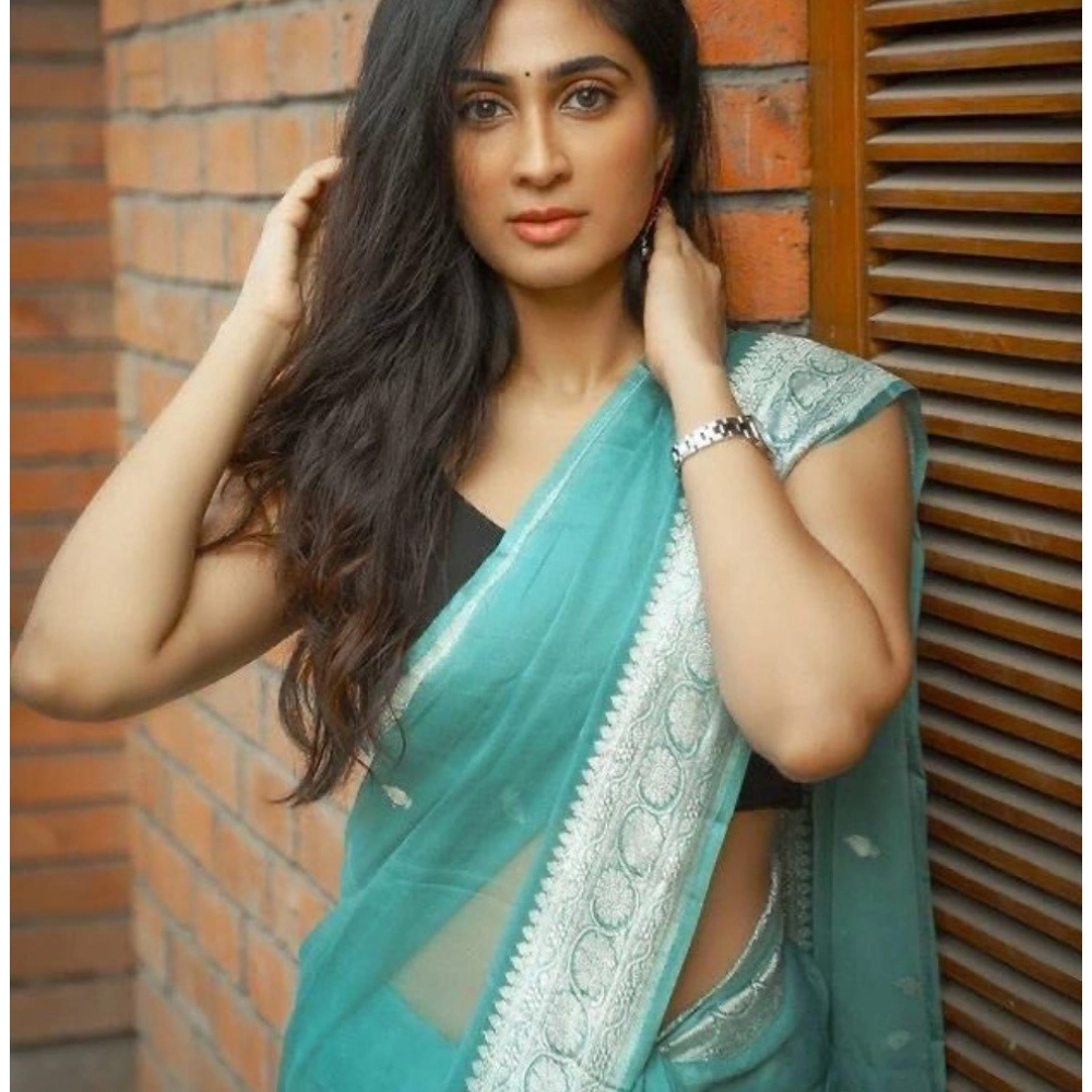Women's Cotton Printed Saree With Unstitched Blouse 5.5Mtr (Sky Blue) - Image 2