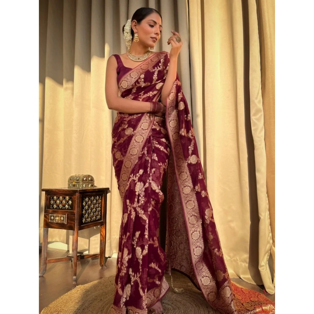 Women's Silk Printed Saree With Unstitched Blouse 5.5Mtr (Maroon) - Image 2