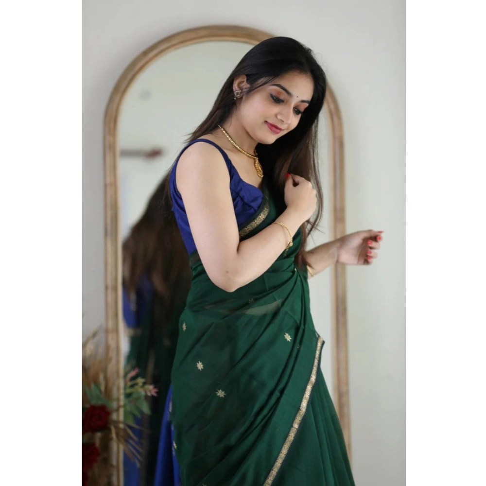 Women's Cotton Printed Saree With Unstitched Blouse 5.5Mtr (Green) - Image 3