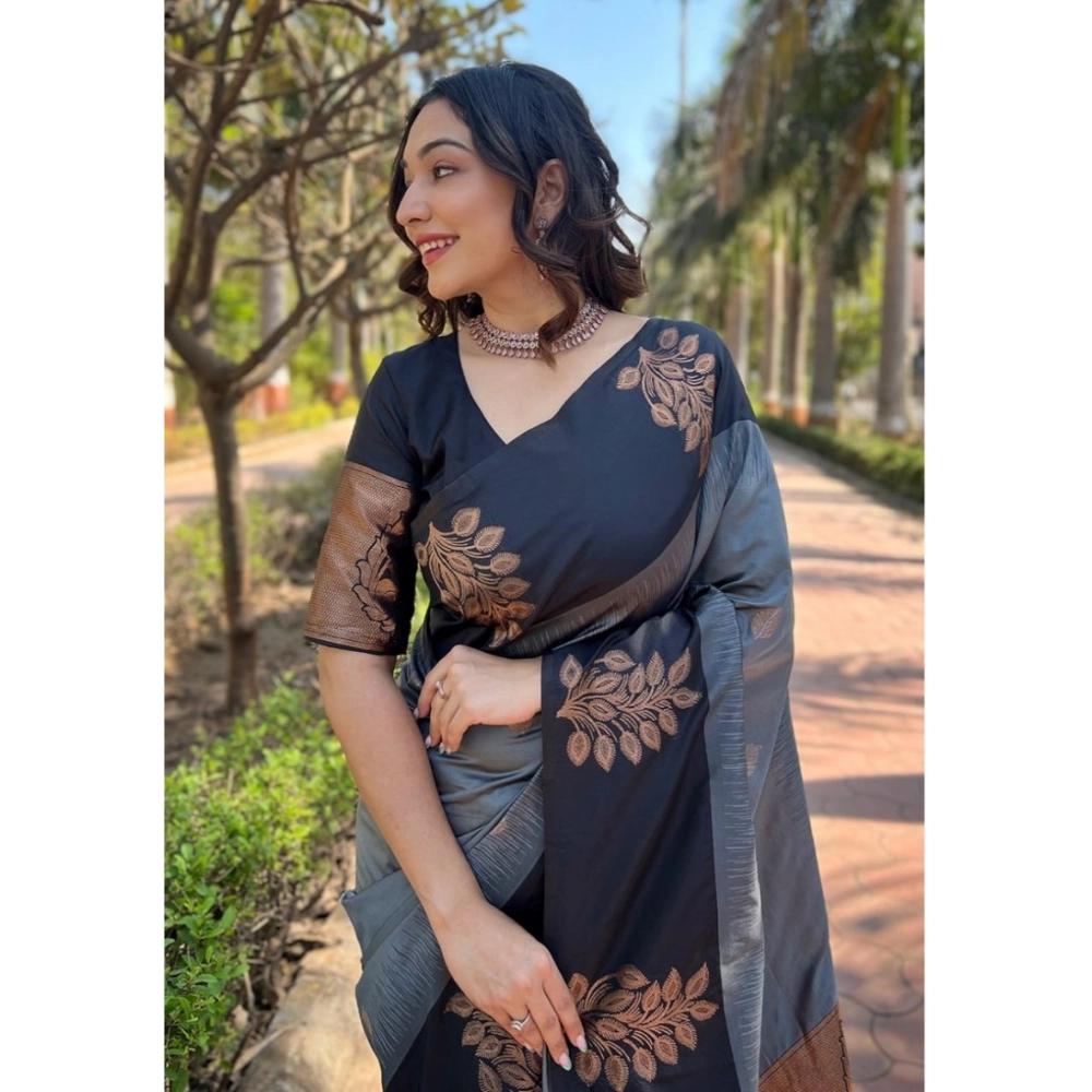 Women's Silk Printed Saree With Unstitched Blouse 5.5Mtr (Grey) - Image 2