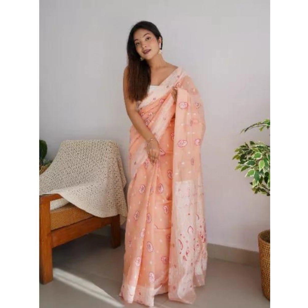 Women's Cotton Printed Saree With Unstitched Blouse 5.5Mtr (Peach) - Image 3