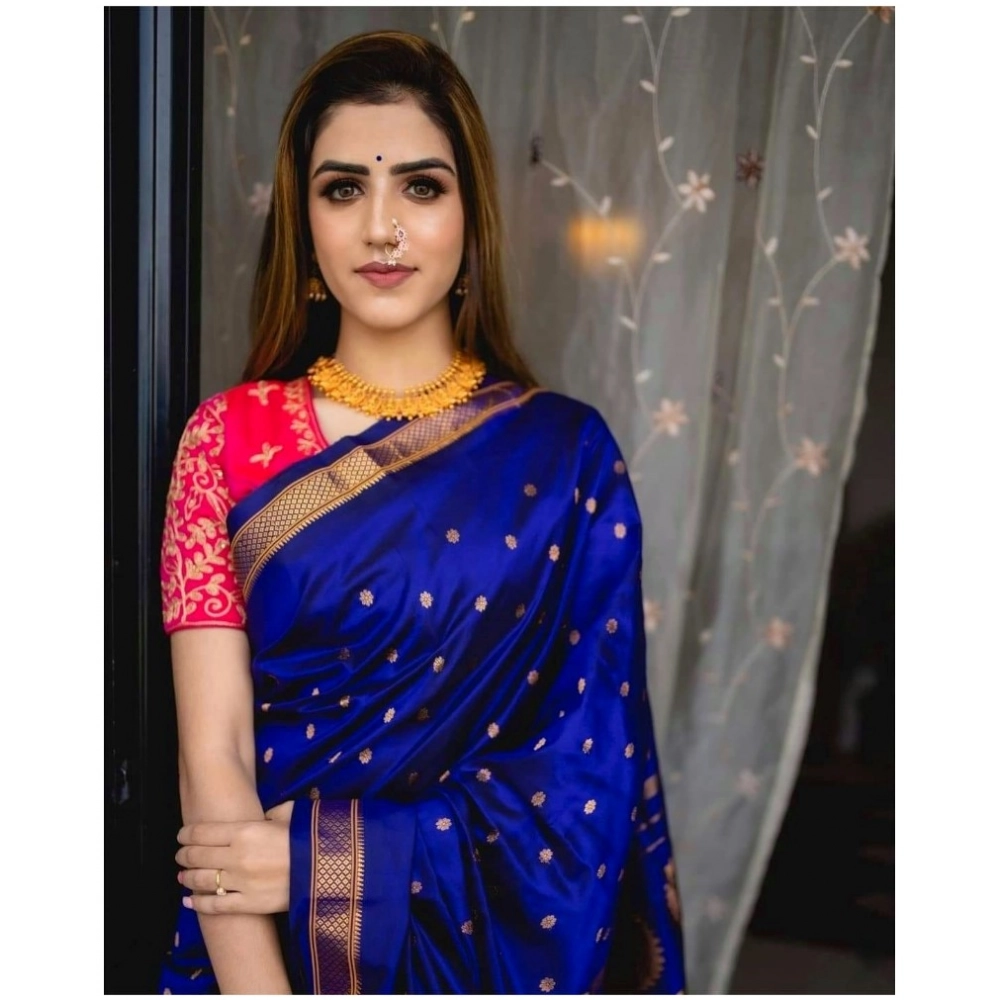 Women's Silk Printed Saree With Unstitched Blouse 5.5Mtr (Blue) - Image 2