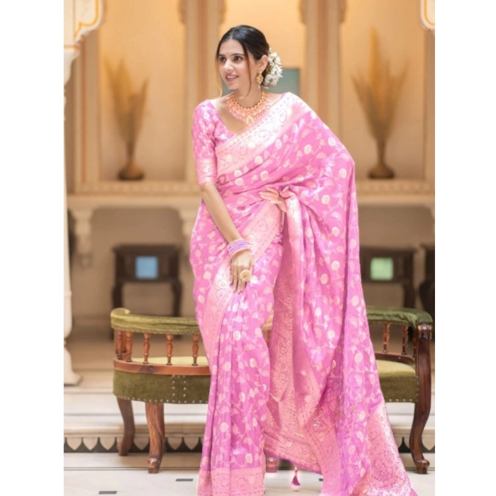 Women's Silk Printed Saree With Unstitched Blouse 5.5Mtr (Pink) - Image 3