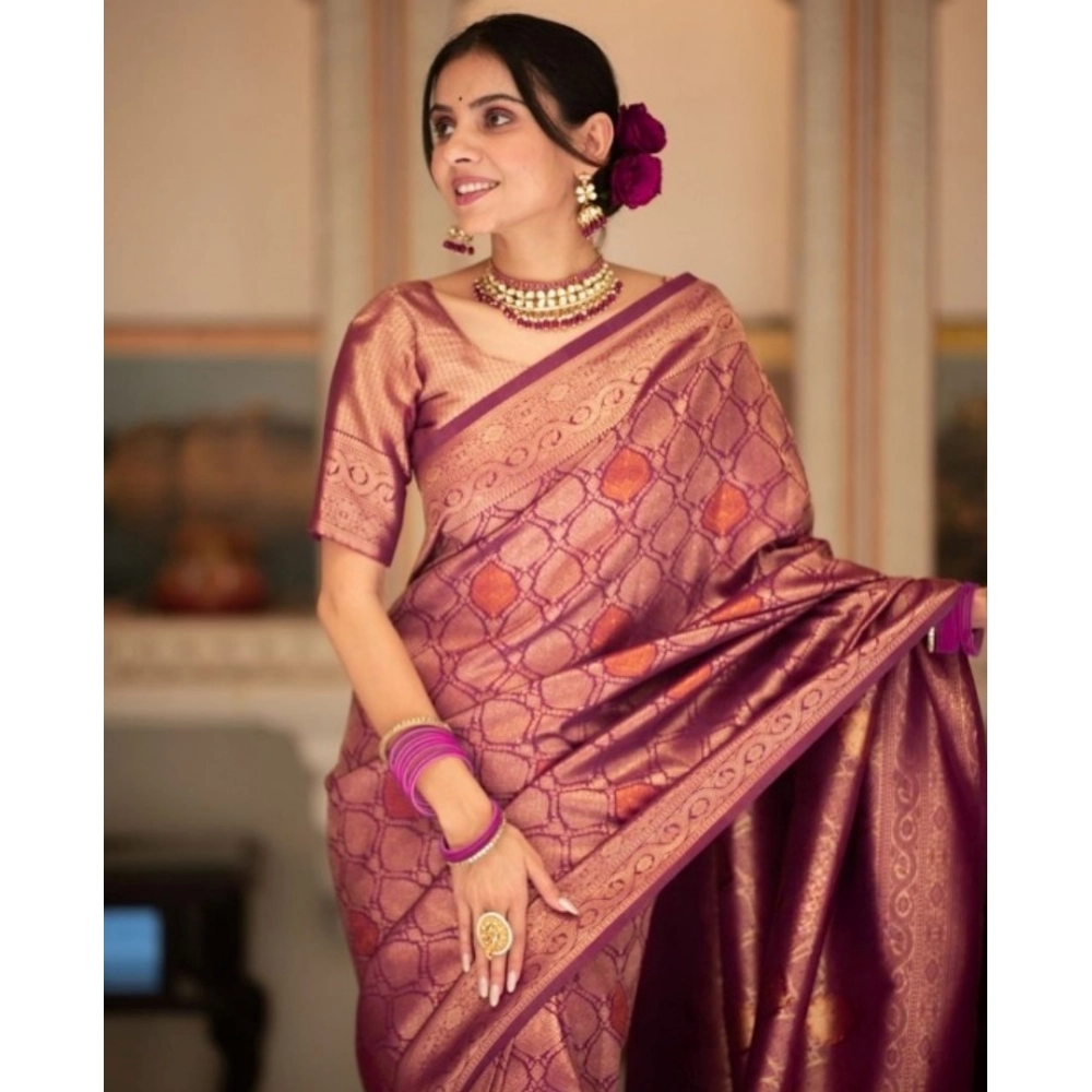 Women's Silk Printed Saree With Unstitched Blouse 5.5Mtr (Wine) - Image 2