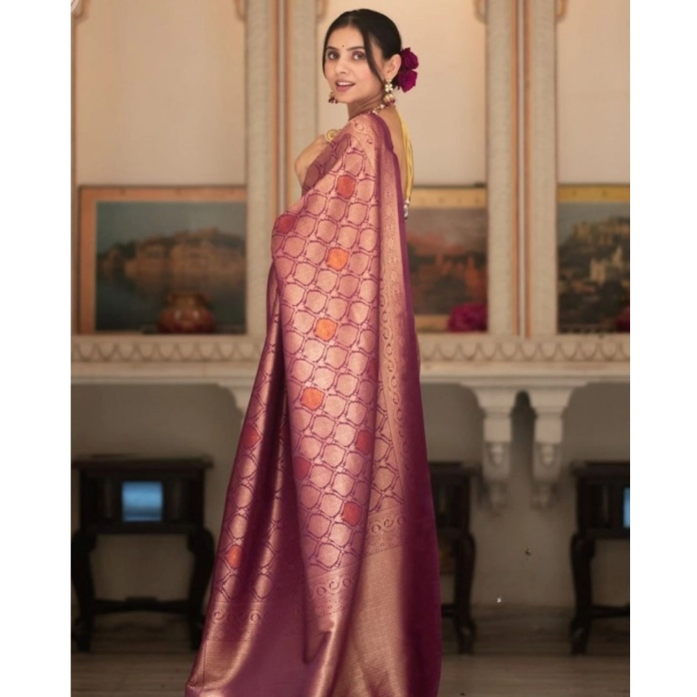 Women's Silk Printed Saree With Unstitched Blouse 5.5Mtr (Wine) - Image 3