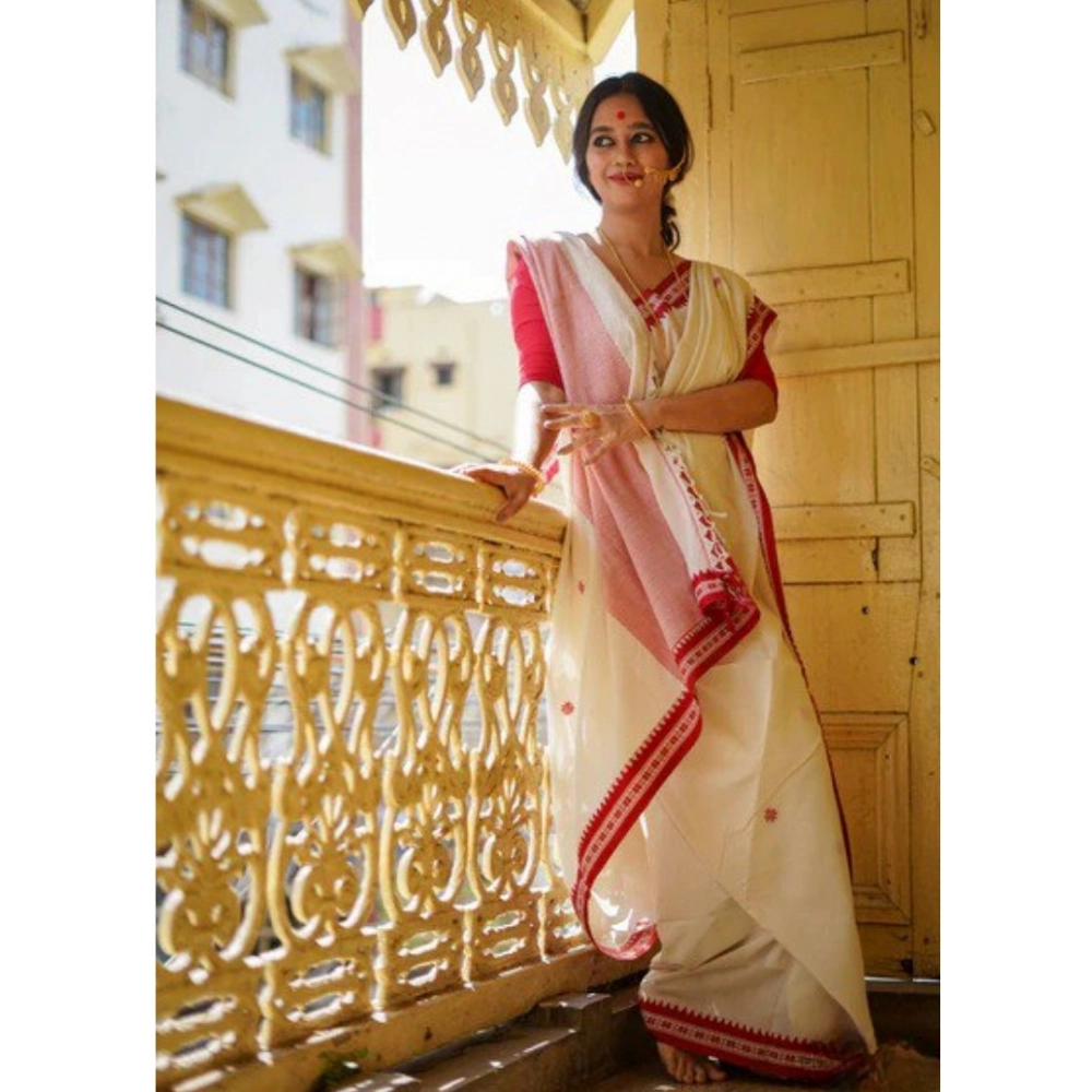 Women's Cotton Printed Saree With Unstitched Blouse 5.5Mtr (White) - Image 2