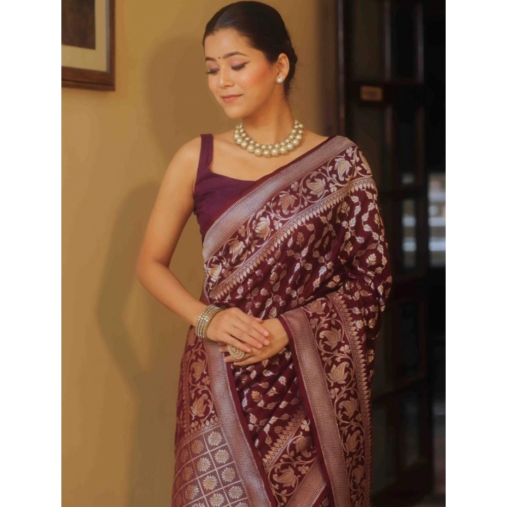 Women's Silk Printed Saree With Unstitched Blouse 5.5Mtr (Maroon) - Image 2