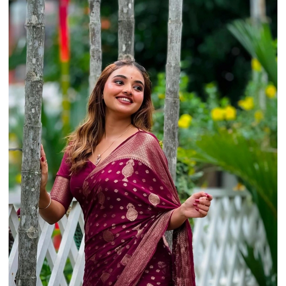 Women's Silk Printed Saree With Unstitched Blouse 5.5Mtr (Wine) - Image 2