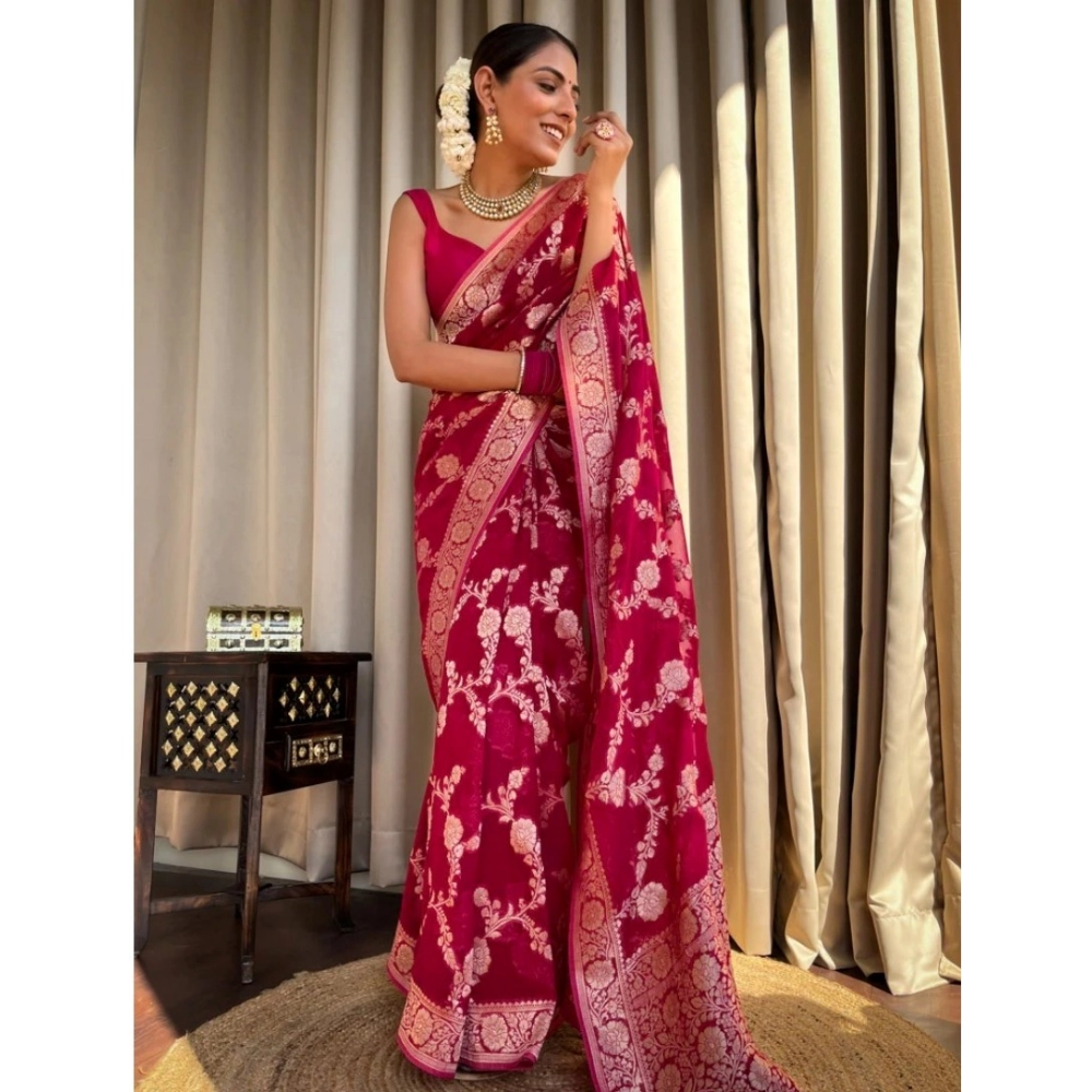 Women's Silk Printed Saree With Unstitched Blouse 5.5Mtr (Pink) - Image 2