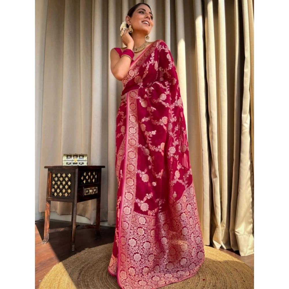Women's Silk Printed Saree With Unstitched Blouse 5.5Mtr (Pink) - Image 3