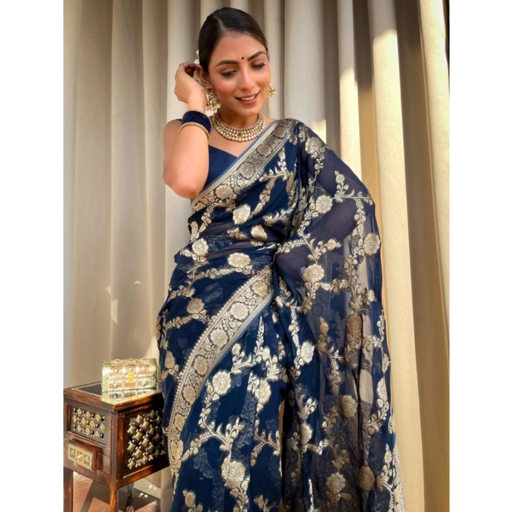 Women's Silk Printed Saree With Unstitched Blouse 5.5Mtr (Dark Blue) - Image 2