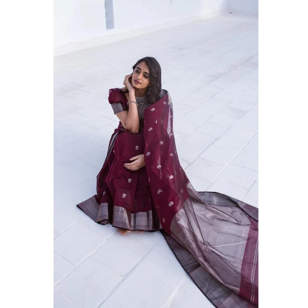 Women's Cotton Printed Saree With Unstitched Blouse 5.5Mtr (Maroon) - Image 3
