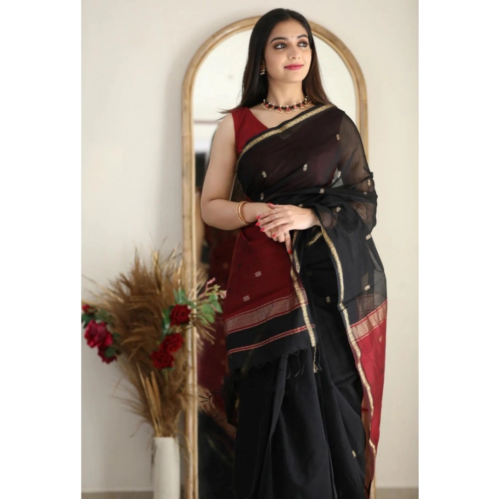 Women's Cotton Printed Saree With Unstitched Blouse 5.5Mtr (Black) - Image 3