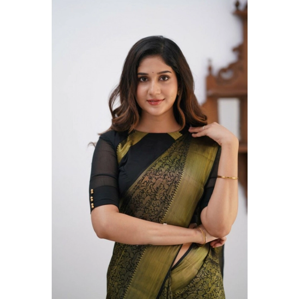 Women's Silk Printed Saree With Unstitched Blouse 5.5Mtr (Black) - Image 3