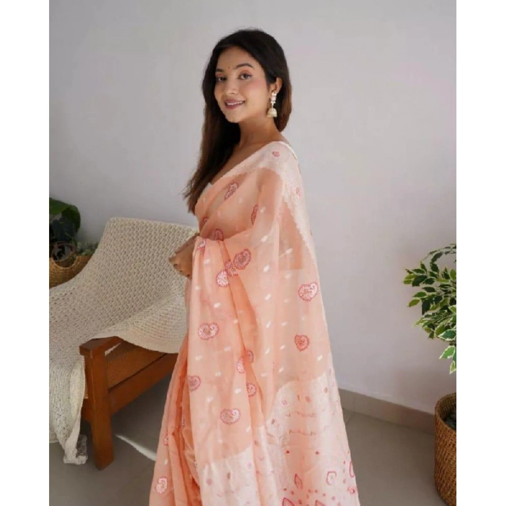 Women's Cotton Printed Saree With Unstitched Blouse 5.5Mtr (Peach) - Image 2
