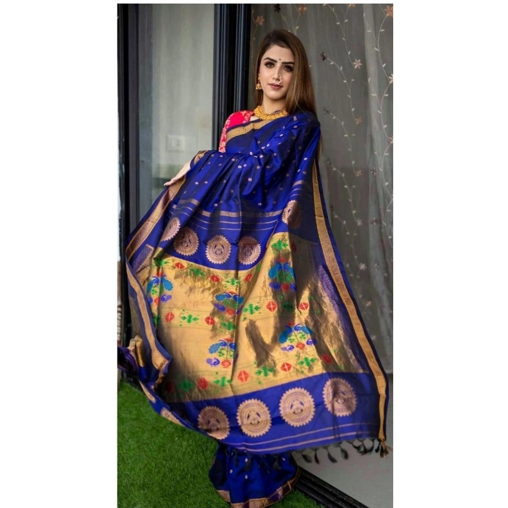 Women's Silk Printed Saree With Unstitched Blouse 5.5Mtr (Blue) - Image 3