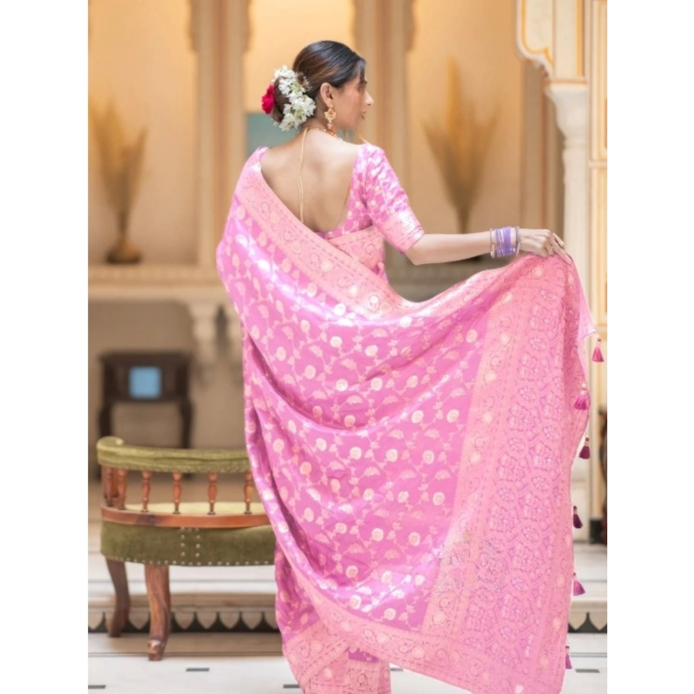 Women's Silk Printed Saree With Unstitched Blouse 5.5Mtr (Pink) - Image 2