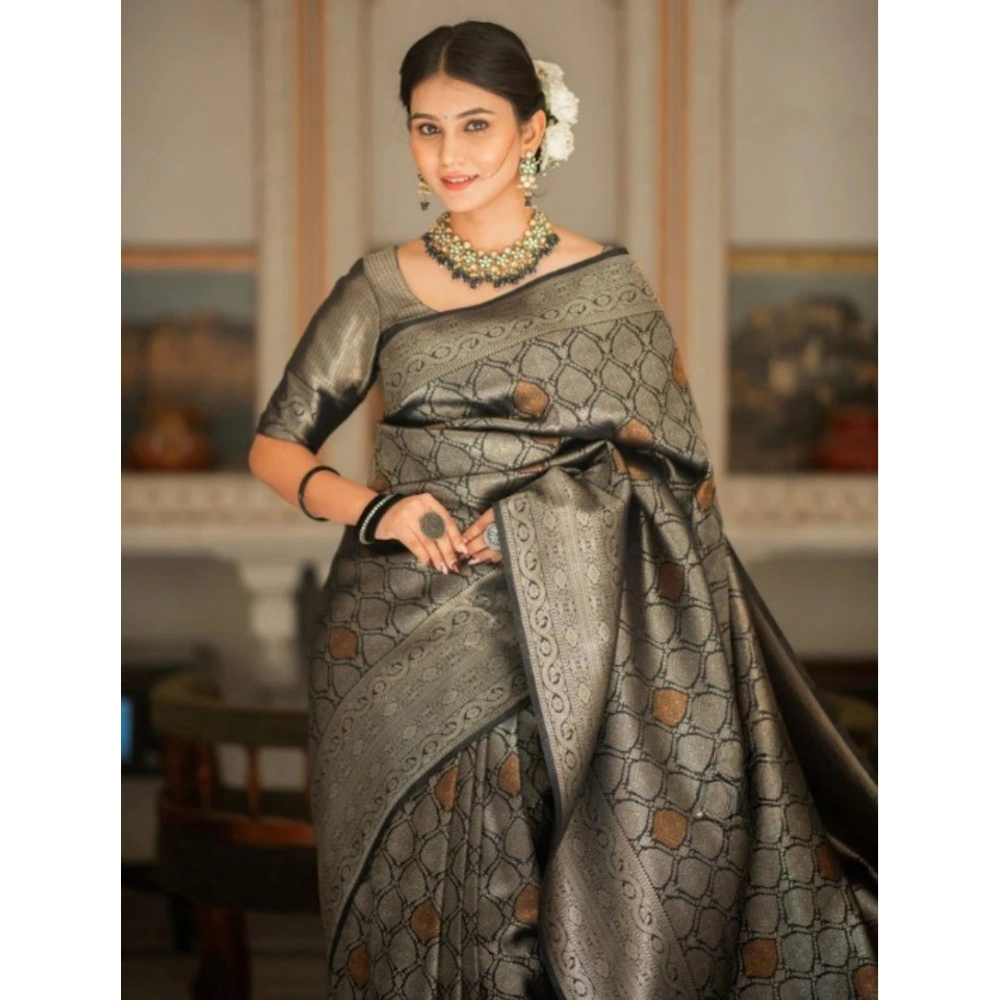 Women's Silk Printed Saree With Unstitched Blouse 5.5Mtr (Black) - Image 2