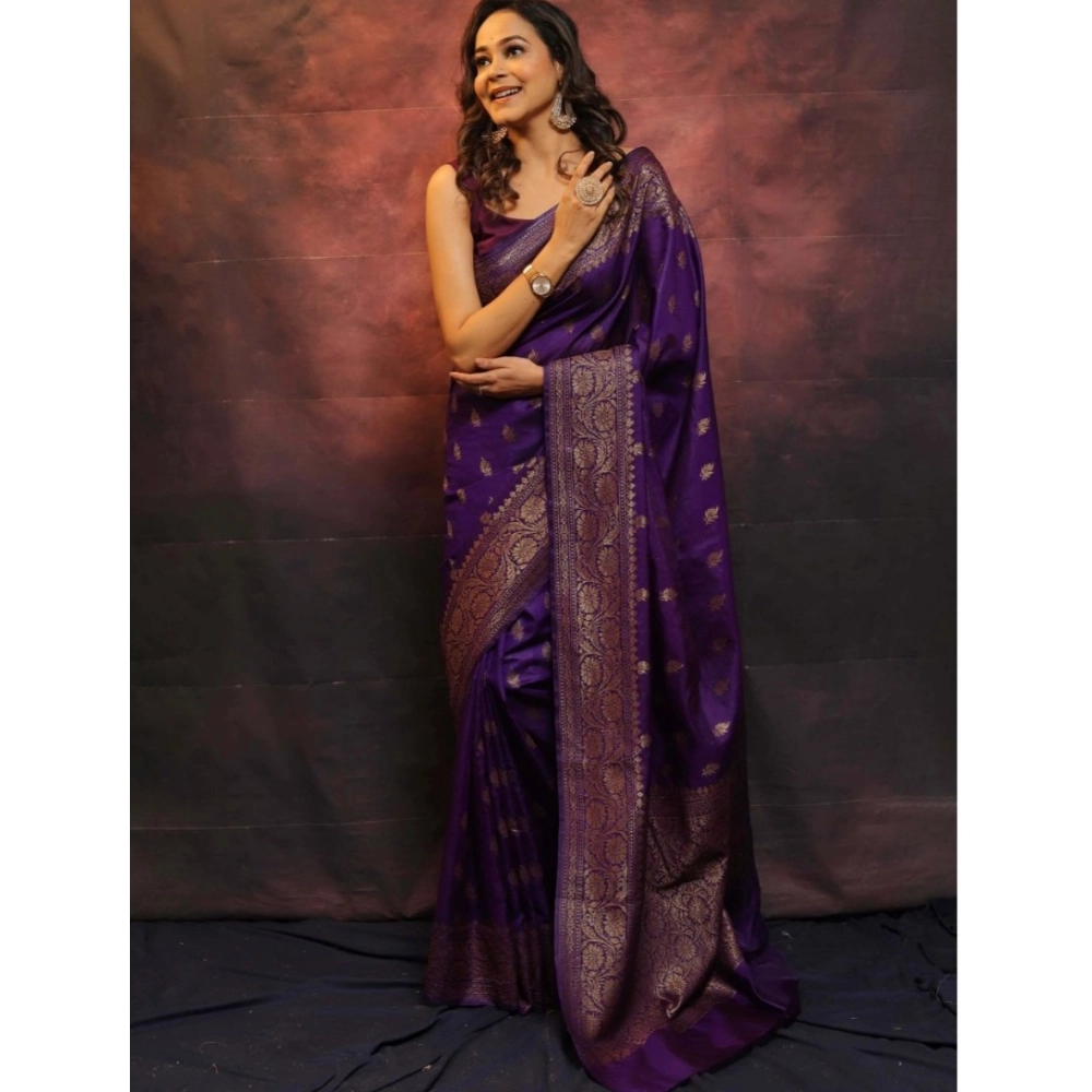 Women's Silk Printed Saree With Unstitched Blouse 5.5Mtr (Purple) - Image 3