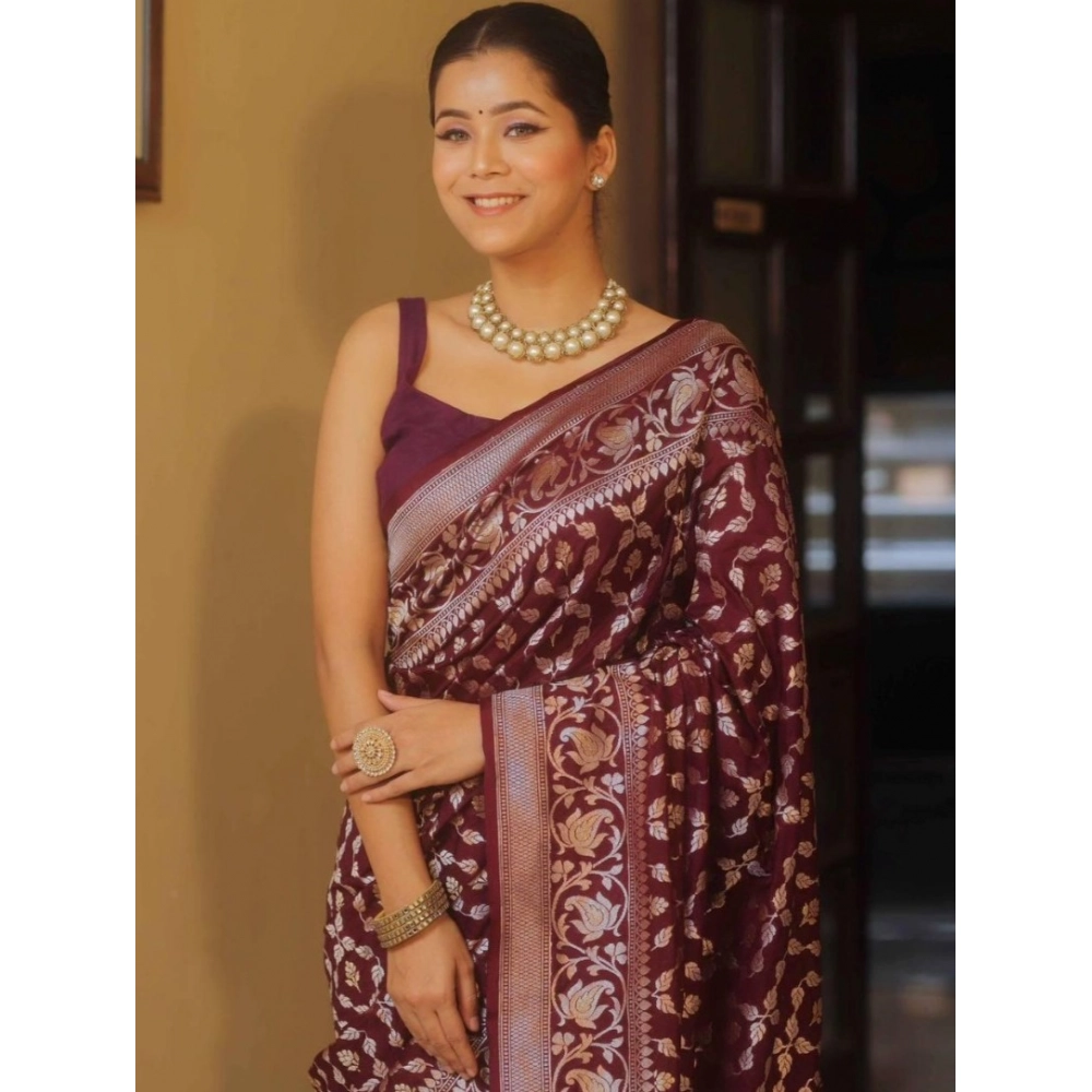 Women's Silk Printed Saree With Unstitched Blouse 5.5Mtr (Maroon) - Image 3