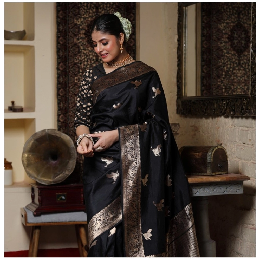 Women's Silk Printed Saree With Unstitched Blouse 5.5Mtr (Black) - Image 3