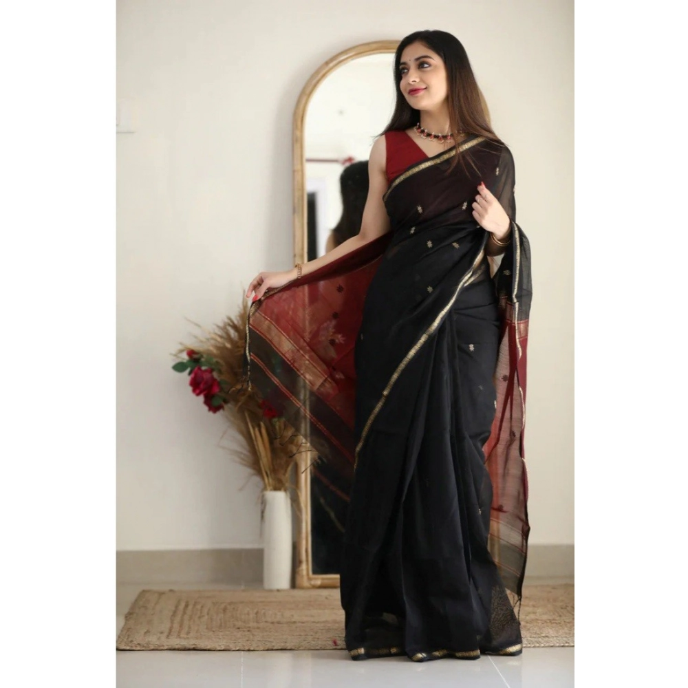 Women's Cotton Printed Saree With Unstitched Blouse 5.5Mtr (Black) - Image 2