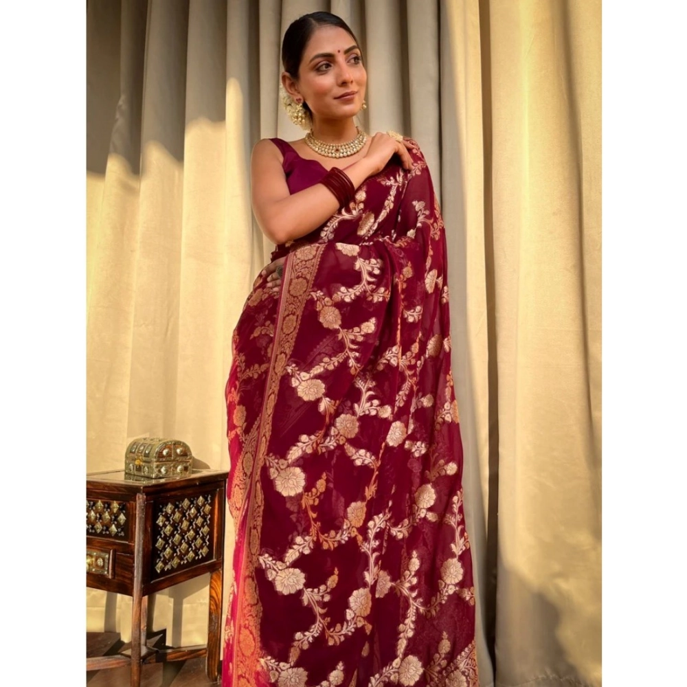 Women's Silk Printed Saree With Unstitched Blouse 5.5Mtr (Maroon) - Image 3