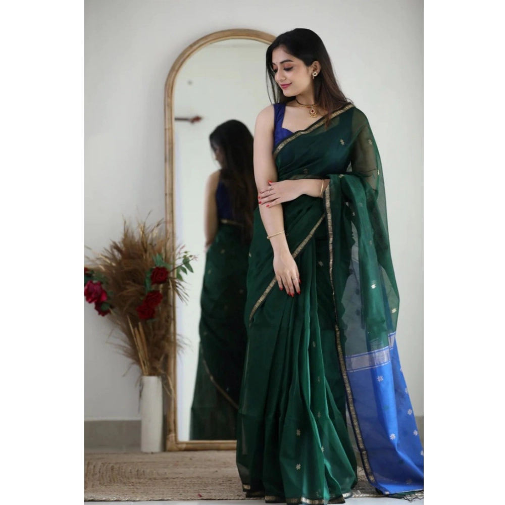 Women's Cotton Printed Saree With Unstitched Blouse 5.5Mtr (Green) - Image 2