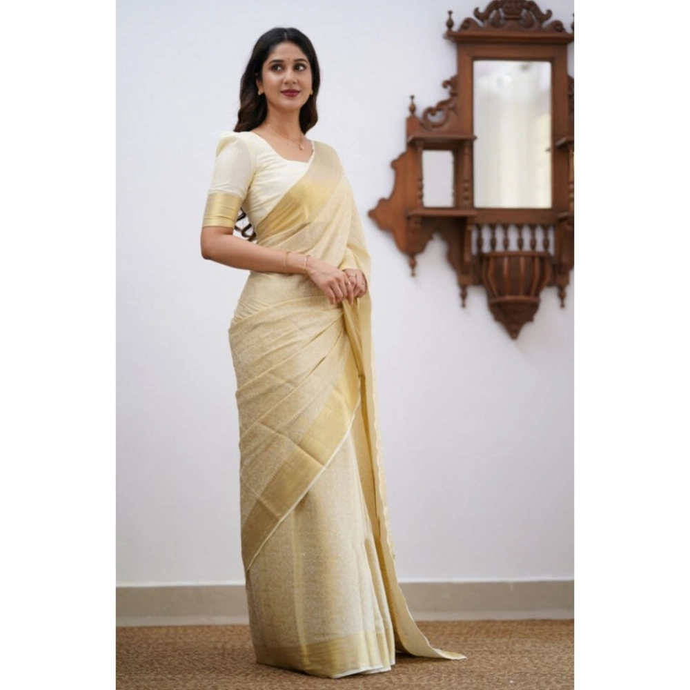 Women's Silk Printed Saree With Unstitched Blouse 5.5Mtr (Cream) - Image 3