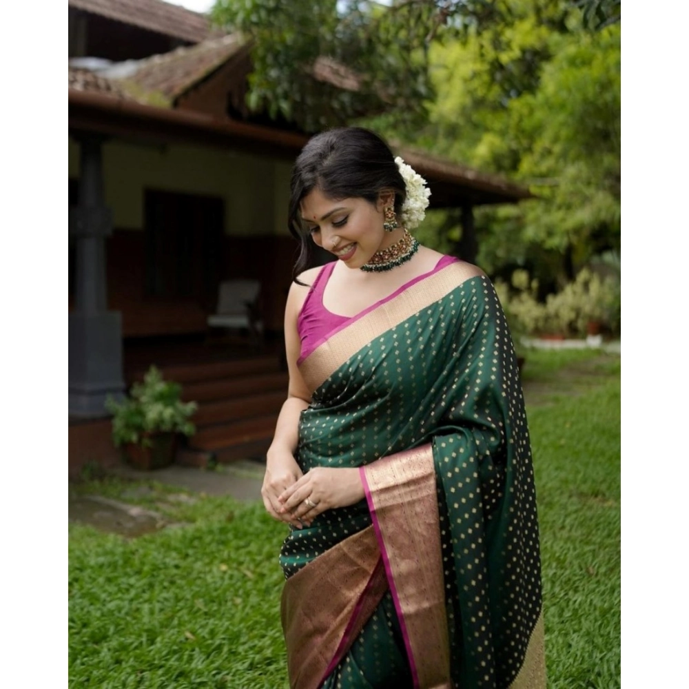 Women's Silk Printed Saree With Unstitched Blouse 5.5Mtr (Green) - Image 3