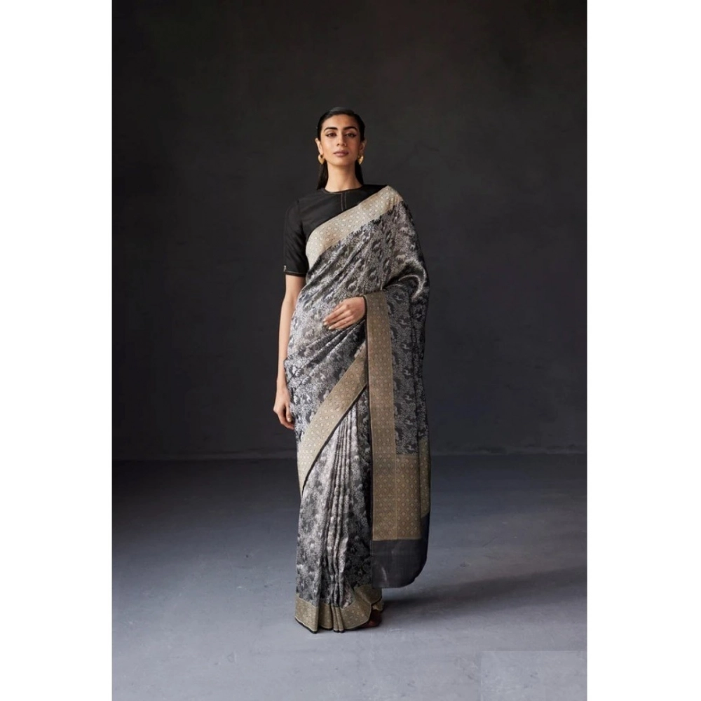 Women's Silk Printed Saree With Unstitched Blouse 5.5Mtr (Grey) - Image 2