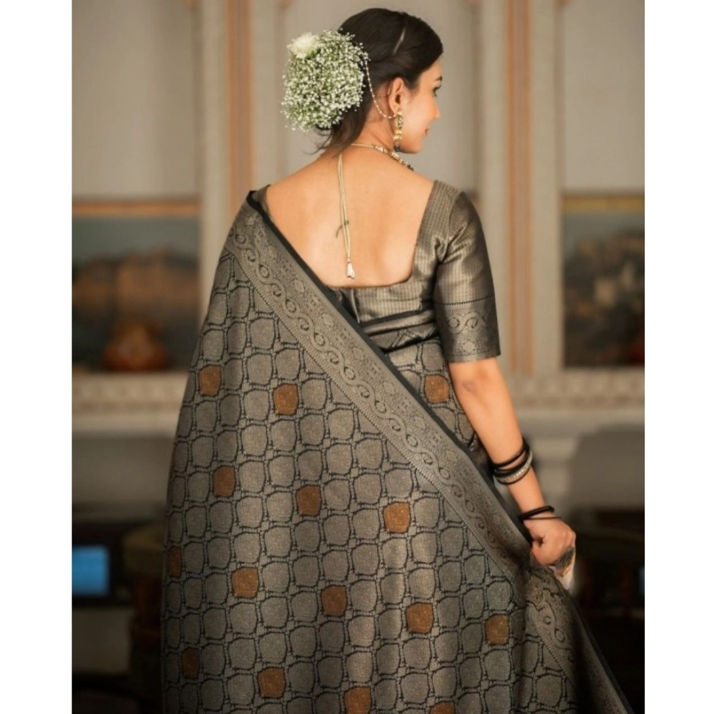 Women's Silk Printed Saree With Unstitched Blouse 5.5Mtr (Black) - Image 3