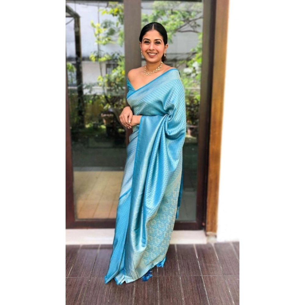 Women's Silk Printed Saree With Unstitched Blouse 5.5Mtr (Sky Blue) - Image 2