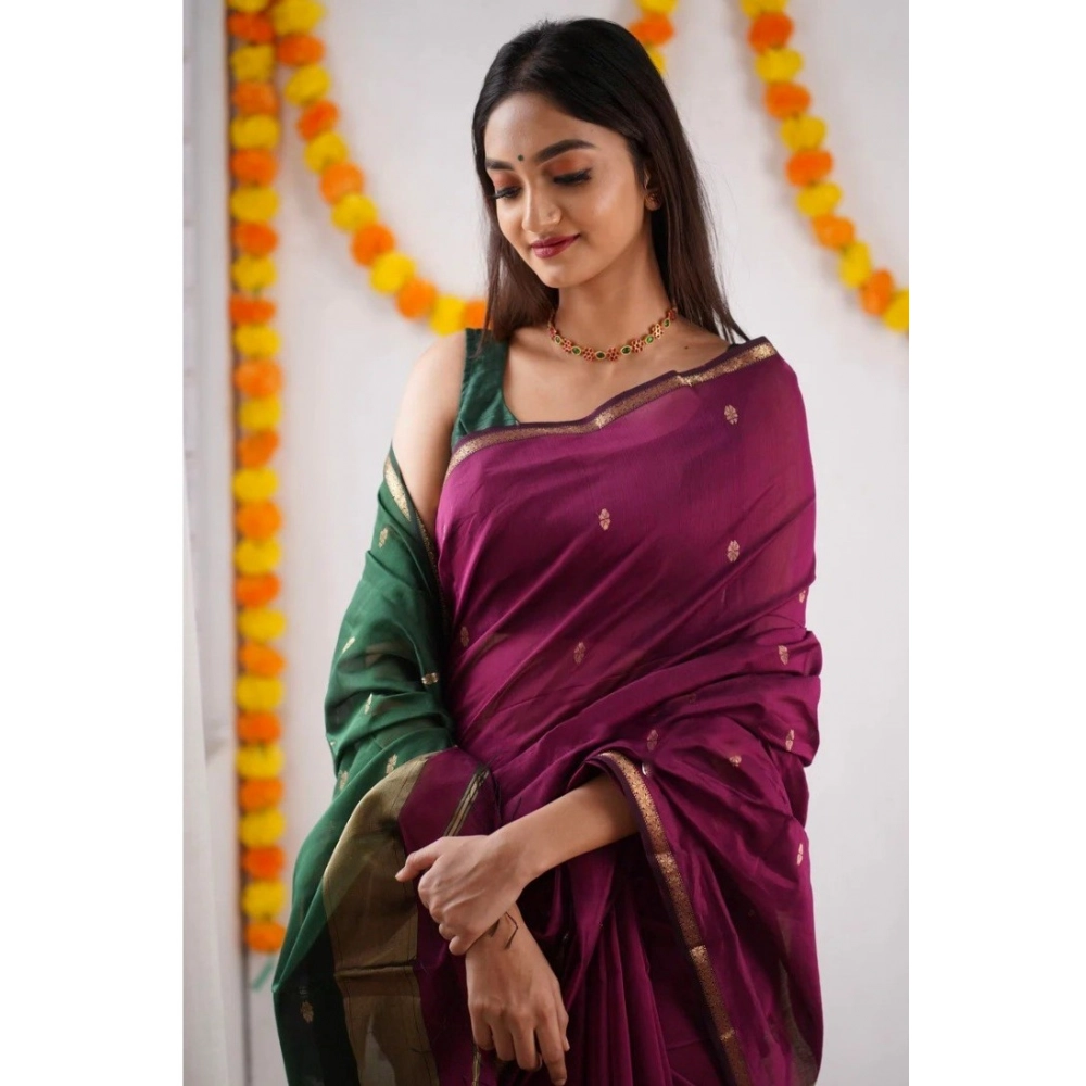 Women's Cotton Printed Saree With Unstitched Blouse 5.5Mtr (Wine) - Image 3