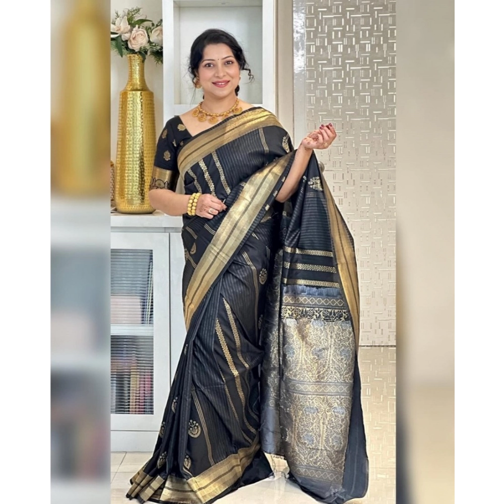 Women's Silk Printed Saree With Unstitched Blouse 5.5Mtr (Black) - Image 3