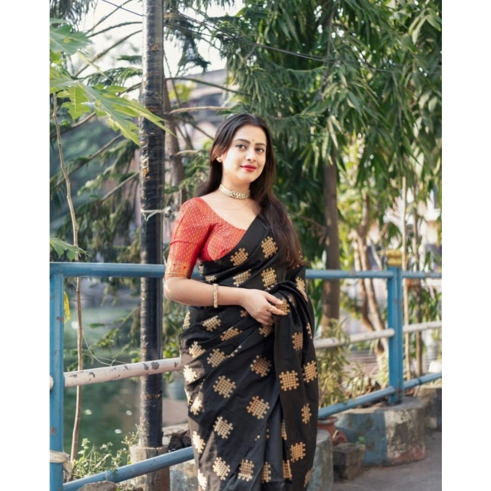 Women's Silk Printed Saree With Unstitched Blouse 5.5Mtr (Blacl-Orange) - Image 3