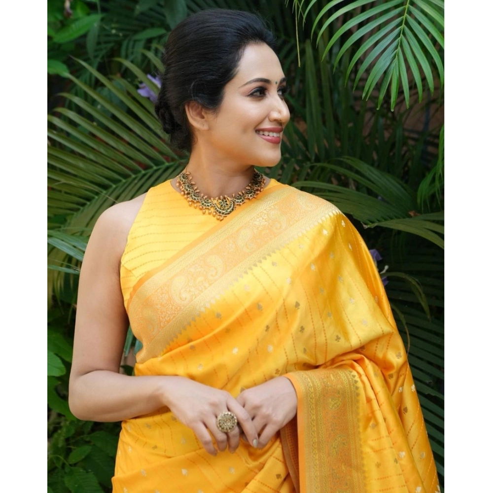 Women's Silk Printed Saree With Unstitched Blouse 5.5Mtr (Yellow) - Image 3
