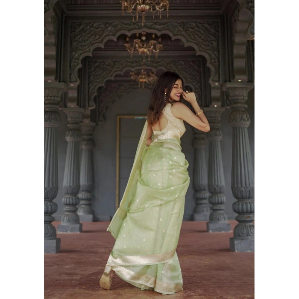 Women's Cotton Printed Saree With Unstitched Blouse 5.5Mtr (Pista) - Image 3