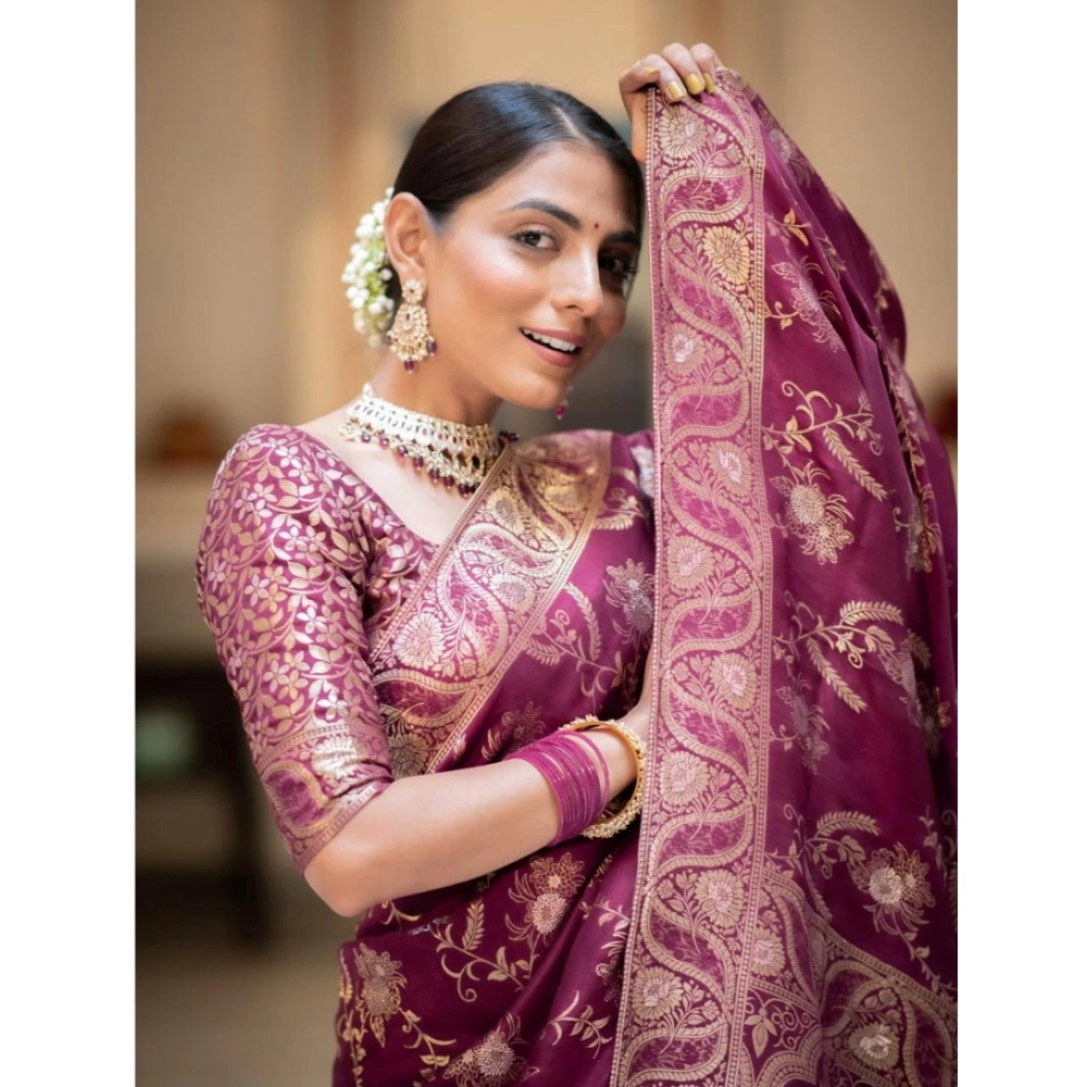 Women's Silk Printed Saree With Unstitched Blouse 5.5Mtr (Wine) - Image 3