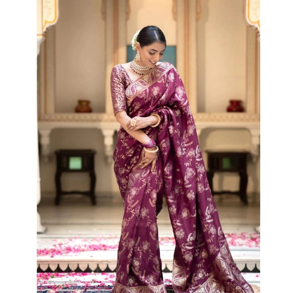 Women's Silk Printed Saree With Unstitched Blouse 5.5Mtr (Wine) - Image 2