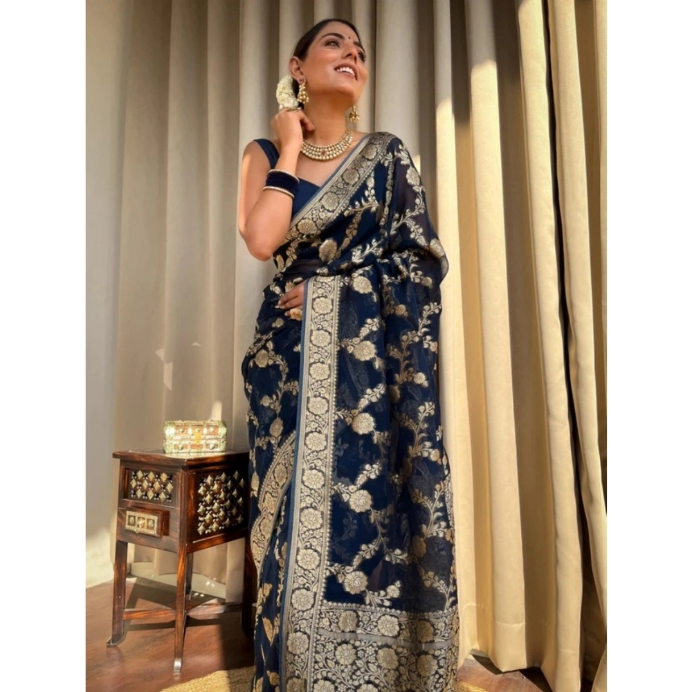 Women's Silk Printed Saree With Unstitched Blouse 5.5Mtr (Dark Blue) - Image 3