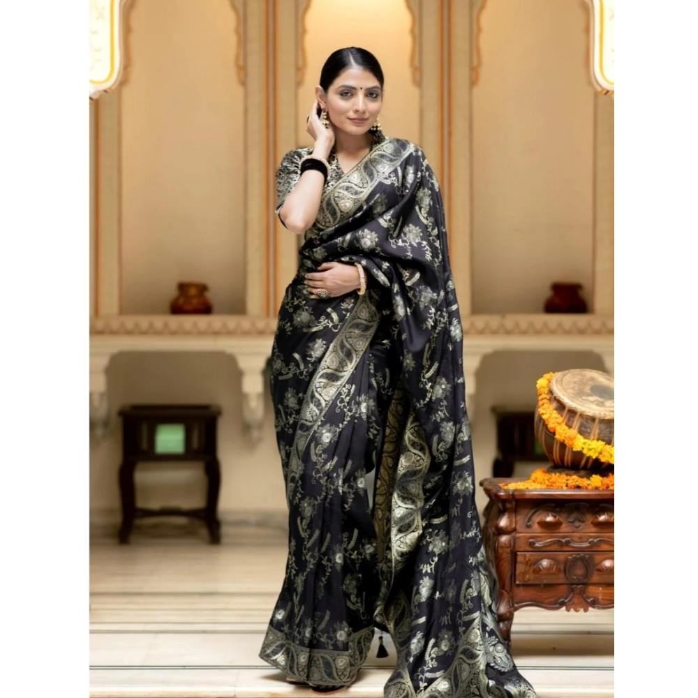 Women's Silk Printed Saree With Unstitched Blouse 5.5Mtr (Black) - Image 2
