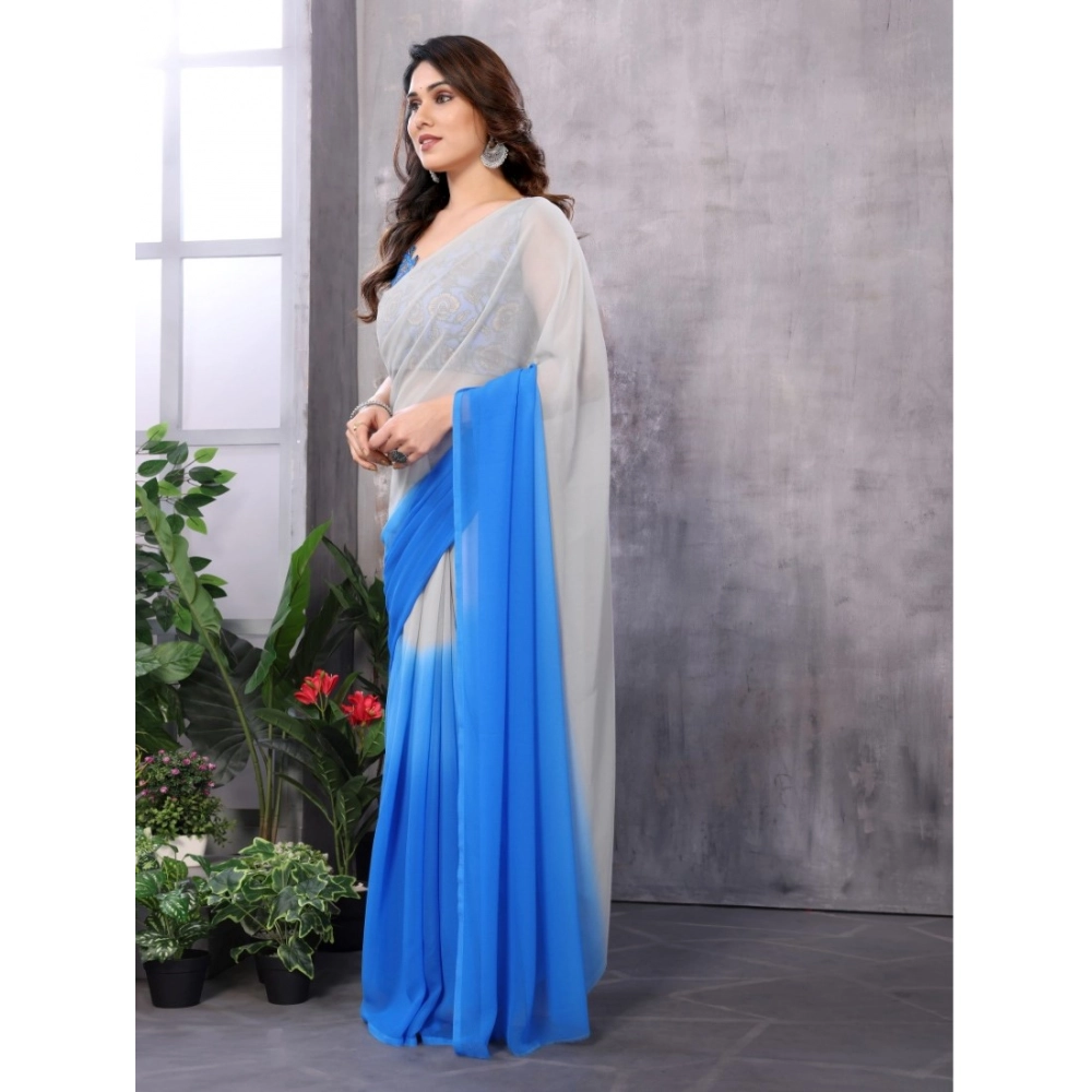 Women's Small Lace Georgette Solid Ready-to-Wear Saree With Unstitched Blouse 5.5 Mtr (Grey-Blue) - Image 2