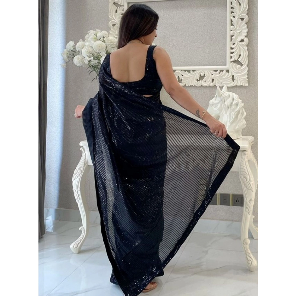 Women's Georgette Embellished Sequnece Bollywood Saree With Unstitched Blouse 5.5Mtr (Black) - Image 2