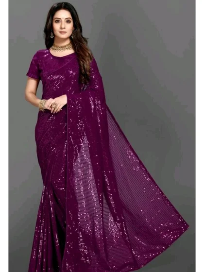 Women's Georgette Embellished Sequnece Bollywood Saree With Unstitched Blouse 5.5Mtr (Purple)
