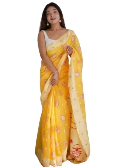 Women's Cotton Printed Saree With Unstitched Blouse 5.5Mtr (Yellow)